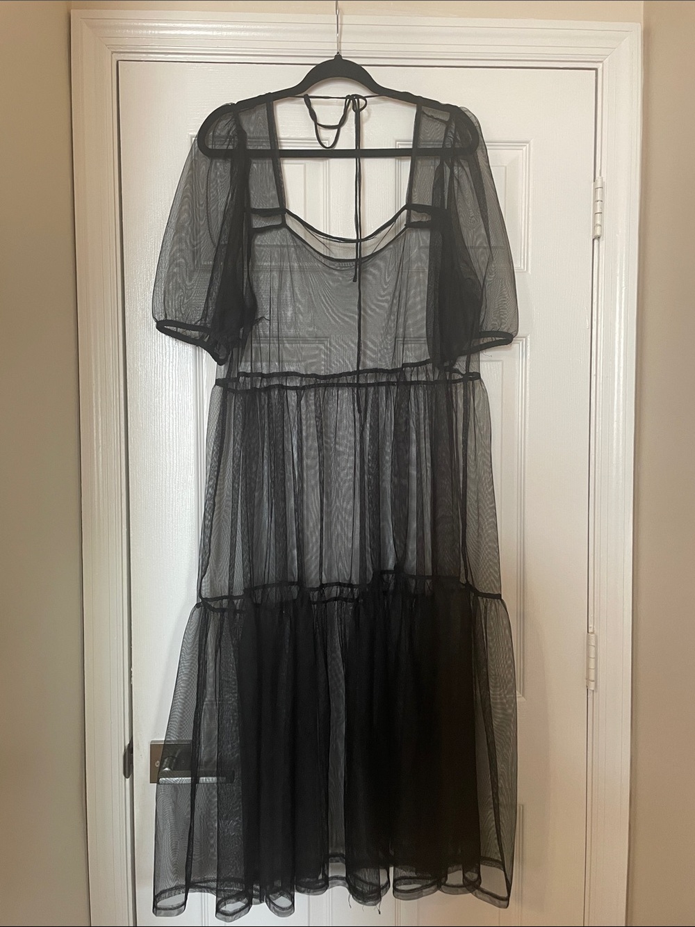 Sheer Black Tiered Midi Dress with Puff Sleeves - Picture 2 of 5